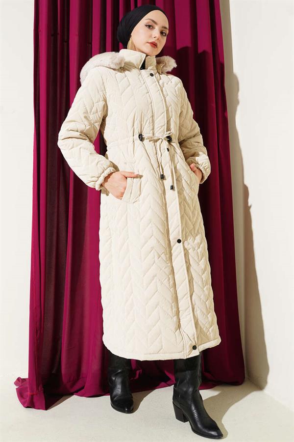 Zigzag Quilted Hooded Puffer Jacket Stone