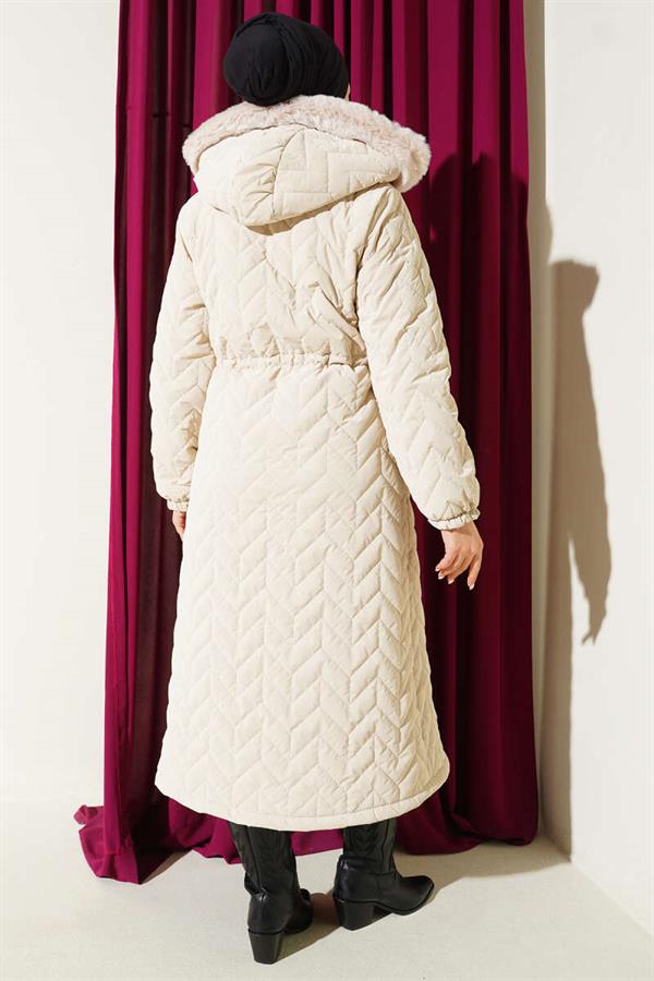 Zigzag Quilted Hooded Puffer Jacket Stone