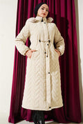 Zigzag Quilted Hooded Puffer Jacket Stone