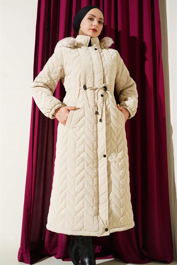 Zigzag Quilted Hooded Puffer Jacket Stone