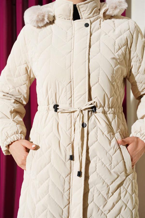 Zigzag Quilted Hooded Puffer Jacket Stone