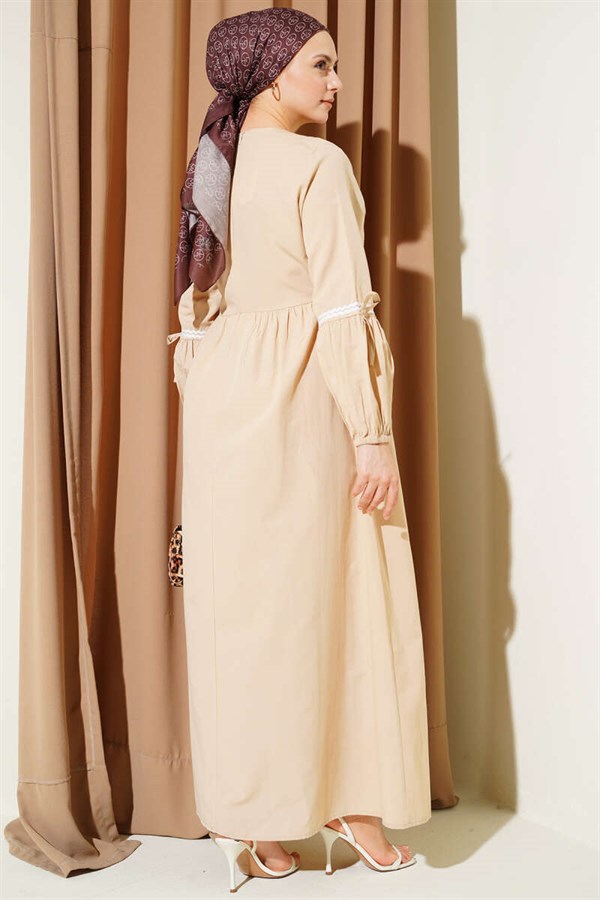 Zigzag Embroidered Side-Tie Poplin Dress, Beige