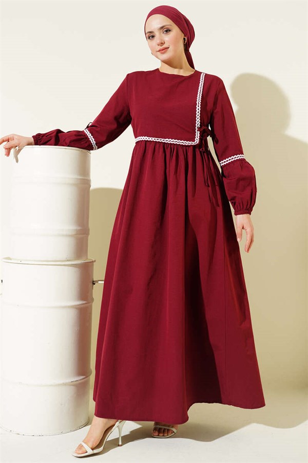 Zigzag Embroidered Side-Tie Poplin Dress, Burgundy
