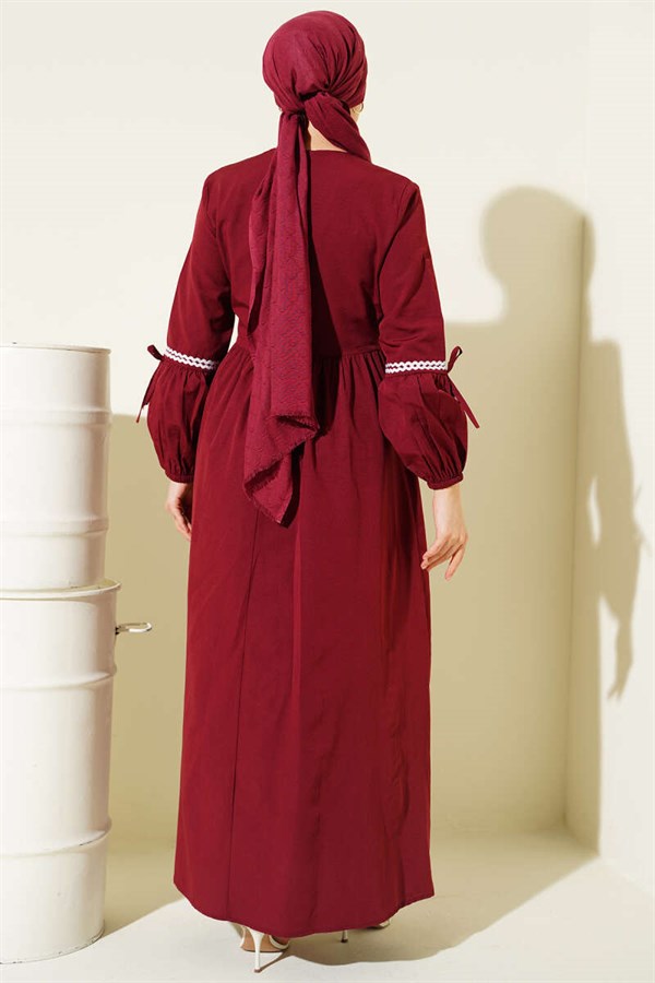 Zigzag Embroidered Side-Tie Poplin Dress, Burgundy
