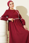 Zigzag Embroidered Side-Tie Poplin Dress, Burgundy