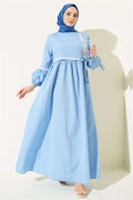 Ice Blue Poplin Dress with Zigzag Embroidery and Side Drawstrings