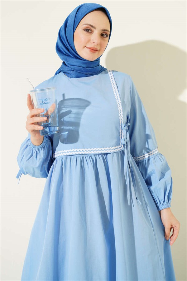 Ice Blue Poplin Dress with Zigzag Embroidery and Side Drawstrings