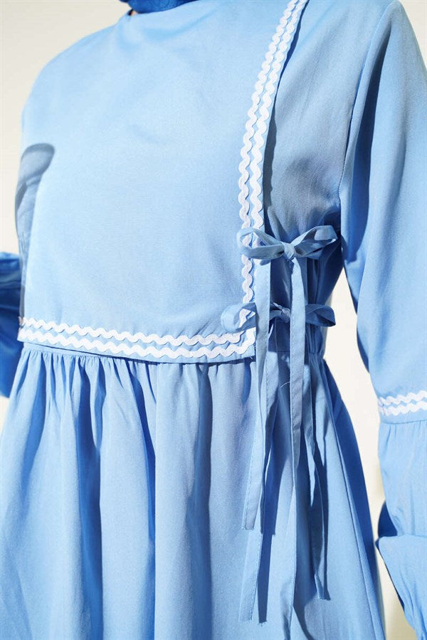 Ice Blue Poplin Dress with Zigzag Embroidery and Side Drawstrings