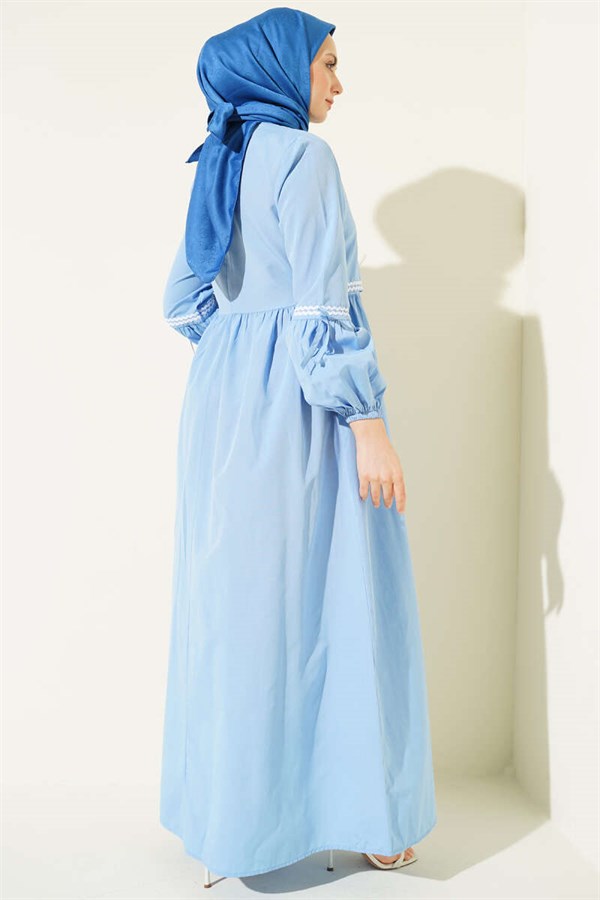 Ice Blue Poplin Dress with Zigzag Embroidery and Side Drawstrings
