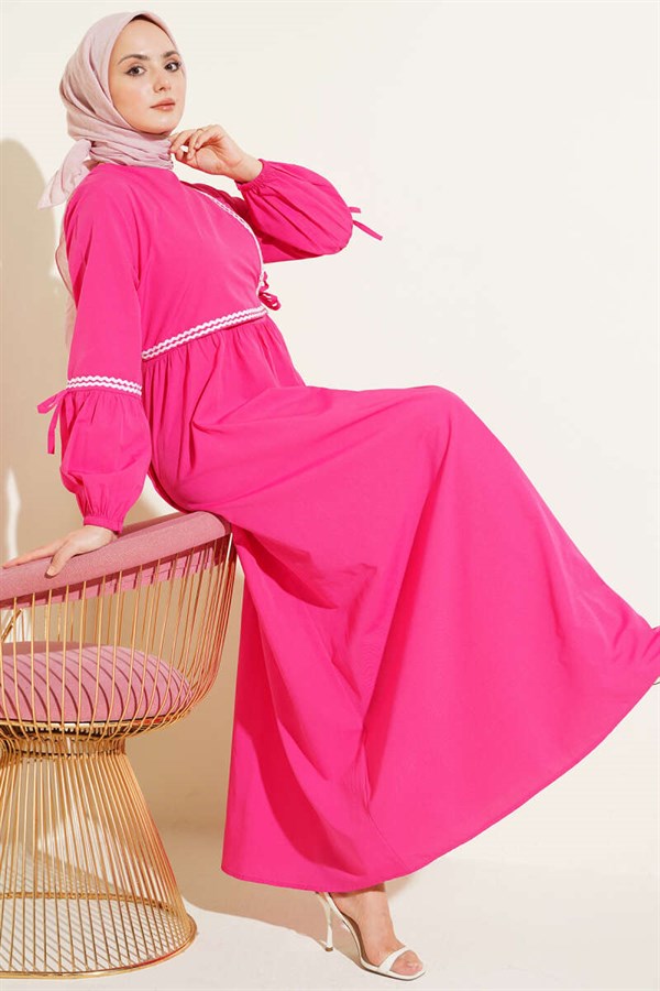 Zigzag Embroidered Side-Tie Poplin Dress, Fuchsia