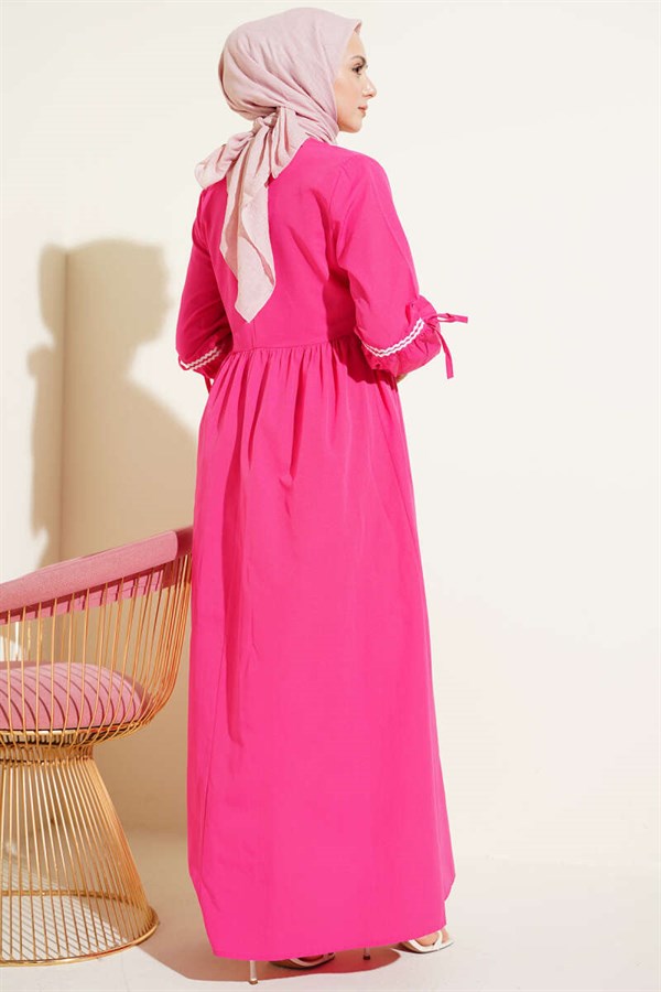 Zigzag Embroidered Side-Tie Poplin Dress, Fuchsia