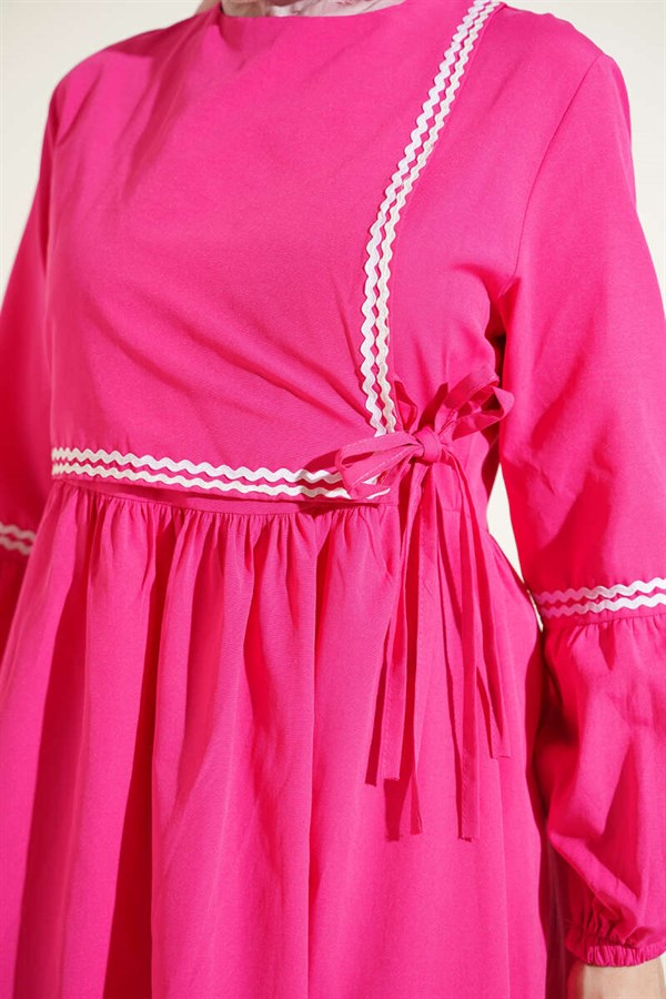 Zigzag Embroidered Side-Tie Poplin Dress, Fuchsia