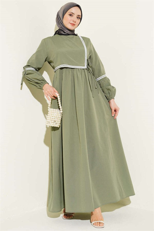 Zigzag Embroidered Side-Tie Poplin Dress Khaki
