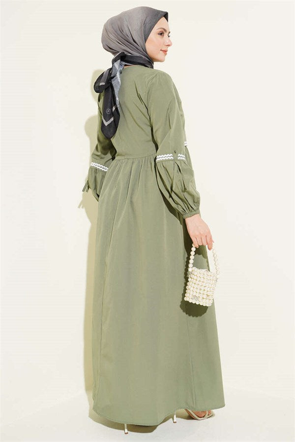 Zigzag Embroidered Side-Tie Poplin Dress Khaki