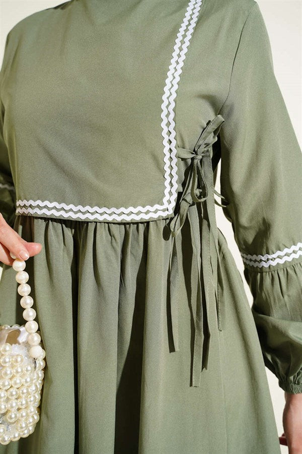 Zigzag Embroidered Side-Tie Poplin Dress Khaki