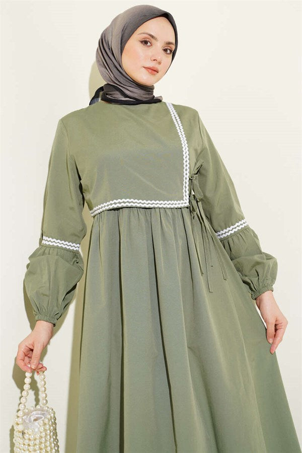 Zigzag Embroidered Side-Tie Poplin Dress Khaki