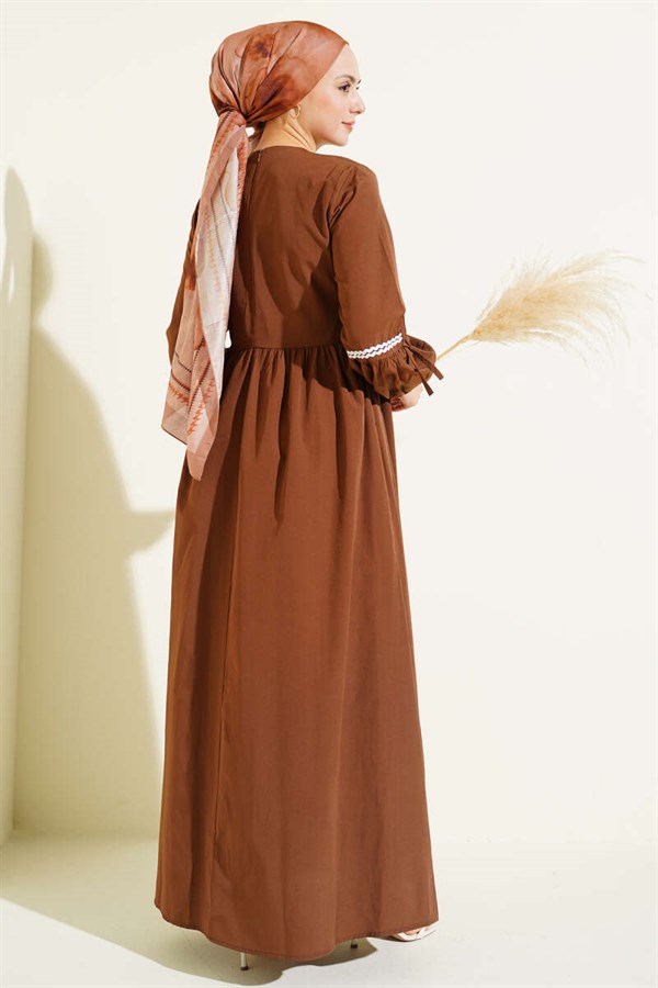 Zigzag Embroidered Side-Tie Poplin Dress, Coffee