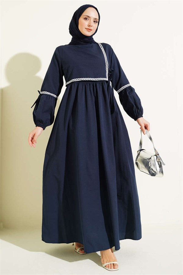 Navy Blue Poplin Dress with Zigzag Embroidery and Side Straps