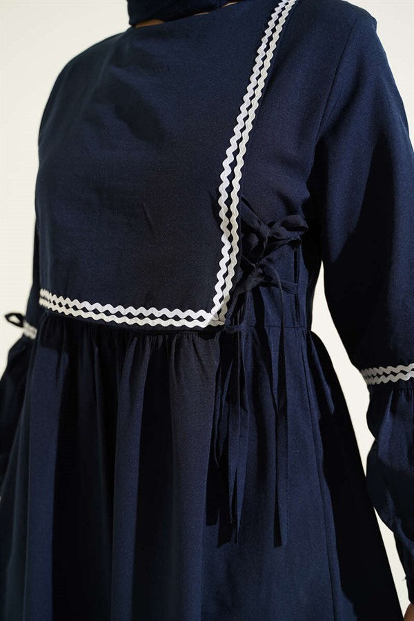 Navy Blue Poplin Dress with Zigzag Embroidery and Side Straps