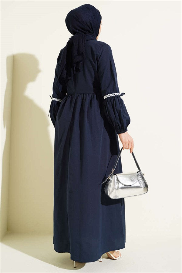 Navy Blue Poplin Dress with Zigzag Embroidery and Side Straps