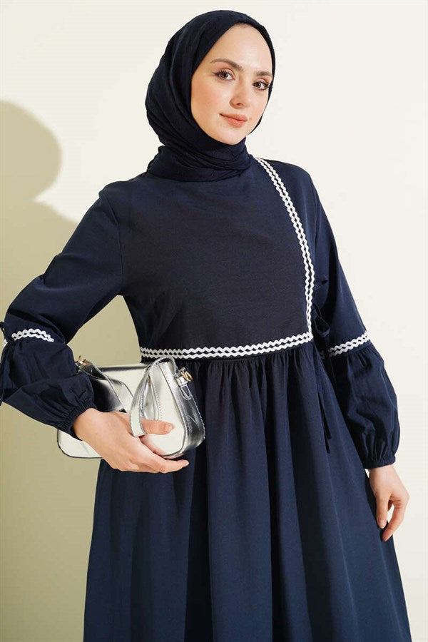 Navy Blue Poplin Dress with Zigzag Embroidery and Side Straps