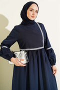 Navy Blue Poplin Dress with Zigzag Embroidery and Side Straps