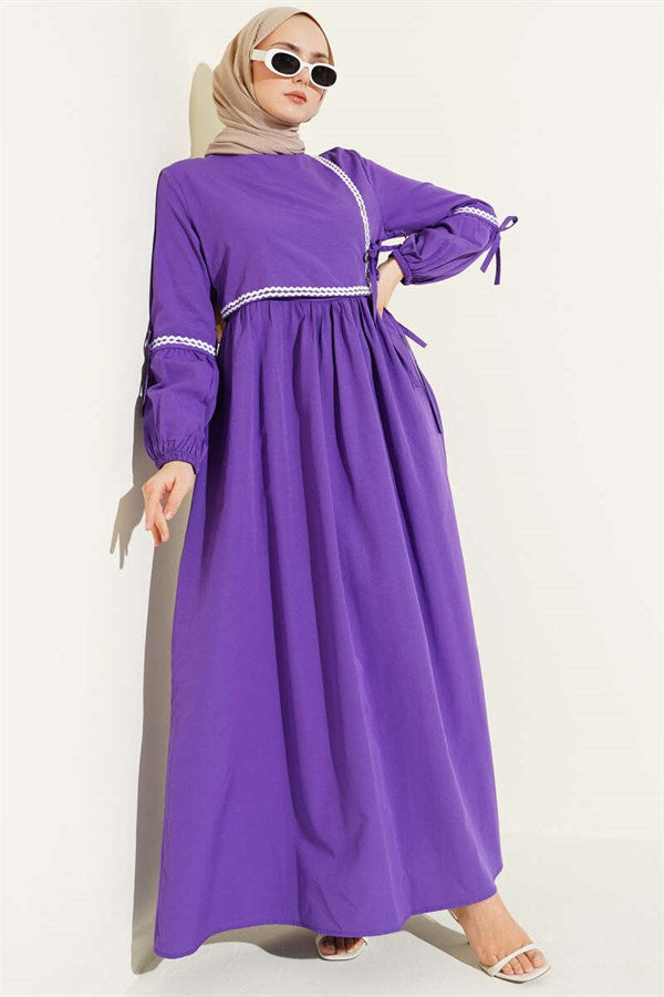 Zigzag Embroidered Side-Tie Poplin Dress Purple