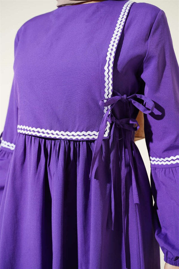 Zigzag Embroidered Side-Tie Poplin Dress Purple