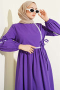 Zigzag Embroidered Side-Tie Poplin Dress Purple