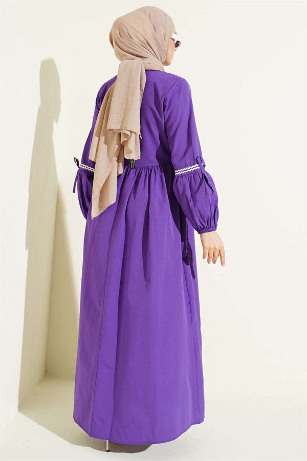 Zigzag Embroidered Side-Tie Poplin Dress Purple
