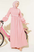 Zigzag Embroidered Side-Tie Poplin Dress in Powder Pink