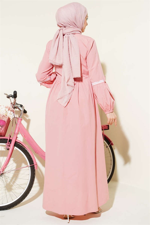 Zigzag Embroidered Side-Tie Poplin Dress in Powder Pink