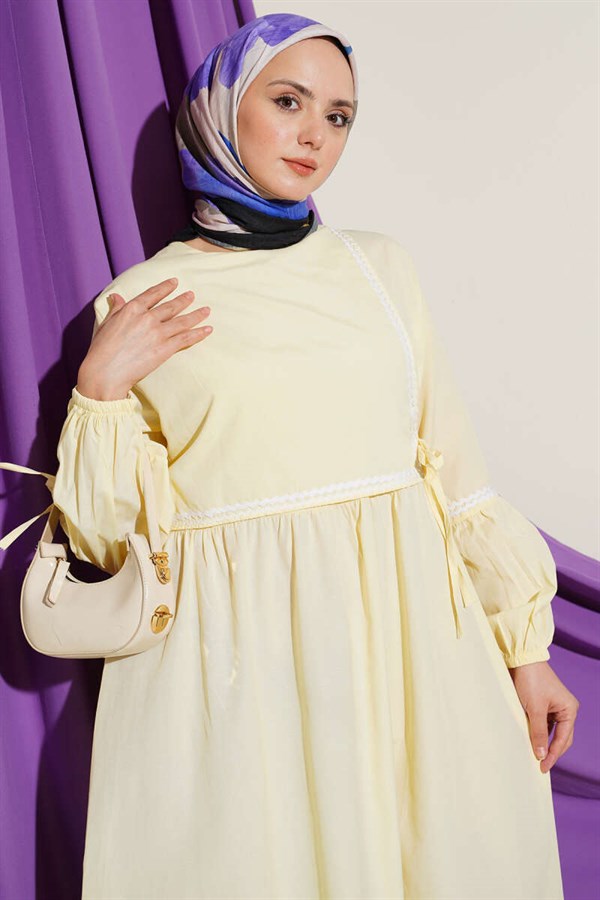 Zigzag Embroidered Side-Tie Poplin Dress Yellow