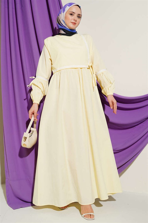 Zigzag Embroidered Side-Tie Poplin Dress Yellow