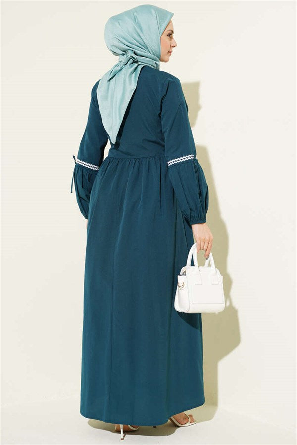 Zigzag Embroidered Side-Tie Poplin Dress Emerald