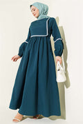 Zigzag Embroidered Side-Tie Poplin Dress Emerald