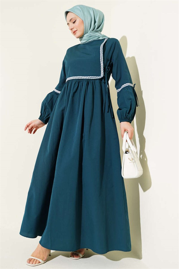 Zigzag Embroidered Side-Tie Poplin Dress Emerald