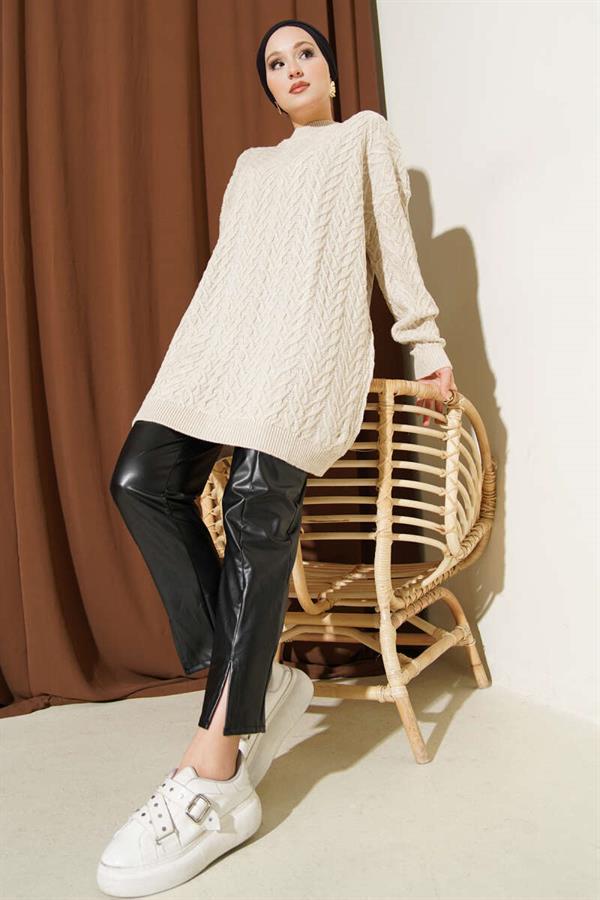Zigzag Knitted Sweater Tunic Beige