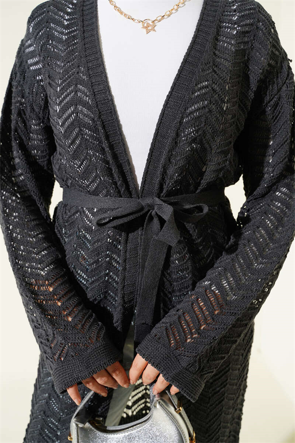 Anthracite Zigzag Openwork Belted Knit Cardigan