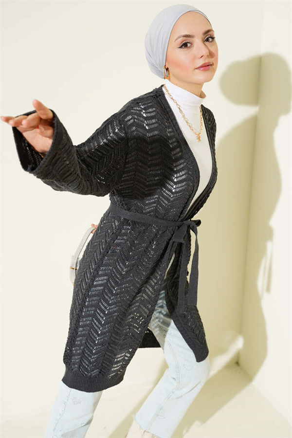 Anthracite Zigzag Openwork Belted Knit Cardigan