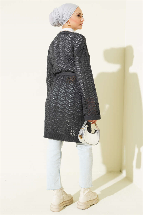 Anthracite Zigzag Openwork Belted Knit Cardigan