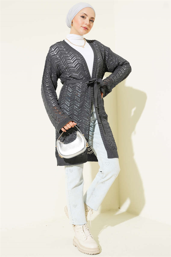 Anthracite Zigzag Openwork Belted Knit Cardigan