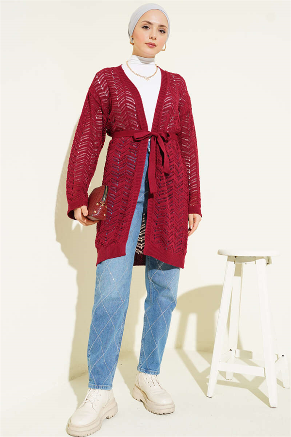 Zigzag Openwork Belted Knit Cardigan, Burgundy