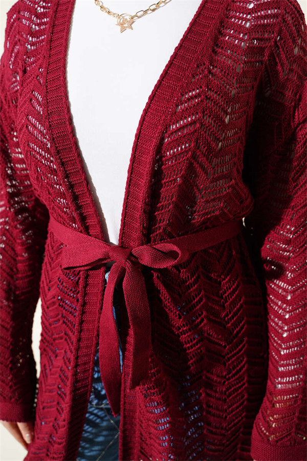 Zigzag Openwork Belted Knit Cardigan, Burgundy