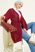 Zigzag Openwork Belted Knit Cardigan, Burgundy
