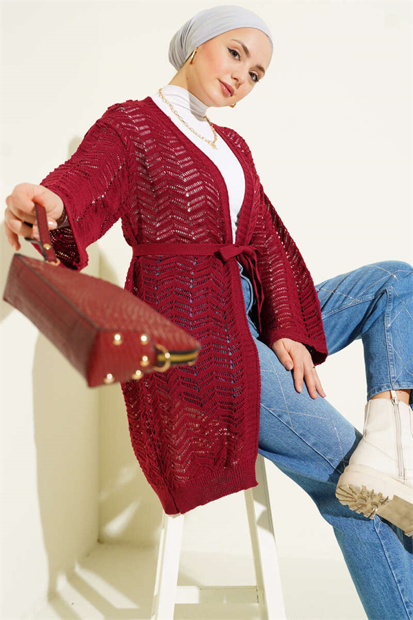 Zigzag Openwork Belted Knit Cardigan, Burgundy