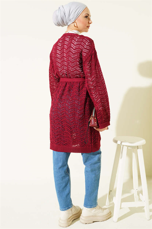 Zigzag Openwork Belted Knit Cardigan, Burgundy