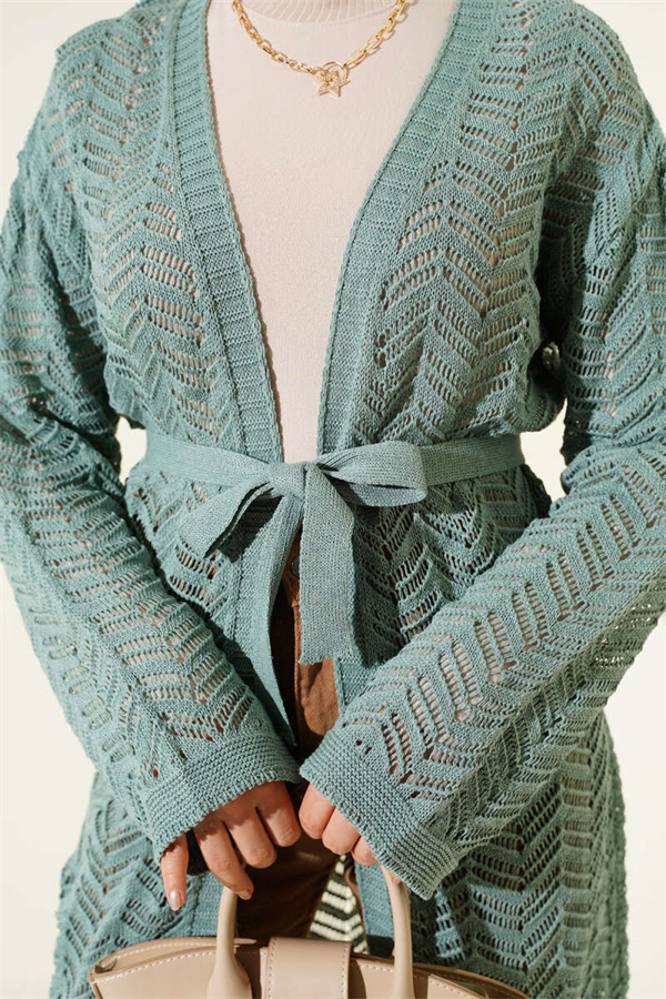 Zigzag Openwork Belted Knit Cardigan, Light Green