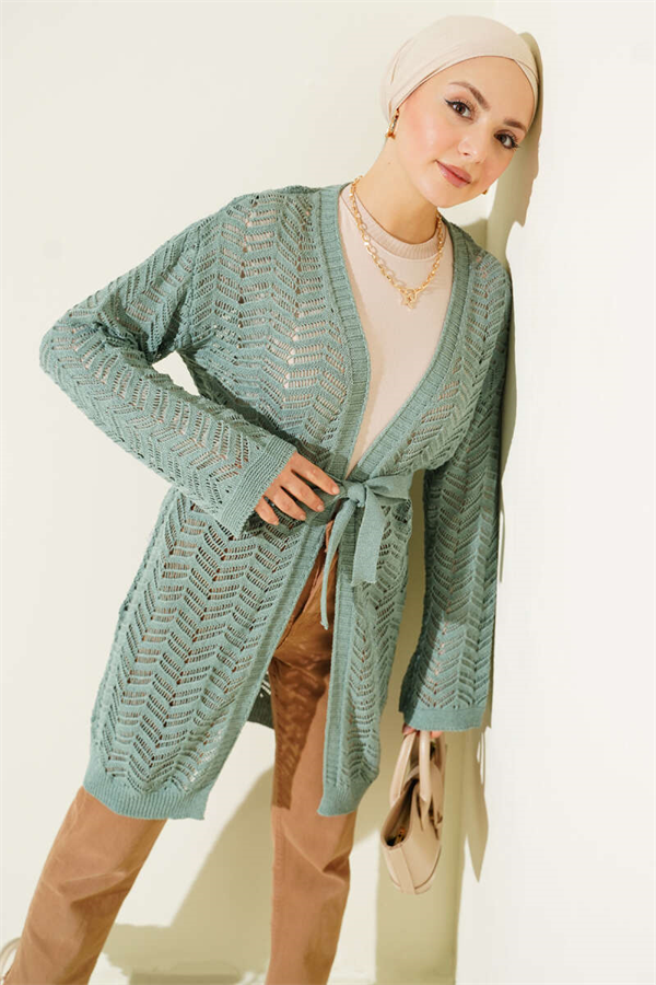 Zigzag Openwork Belted Knit Cardigan, Light Green