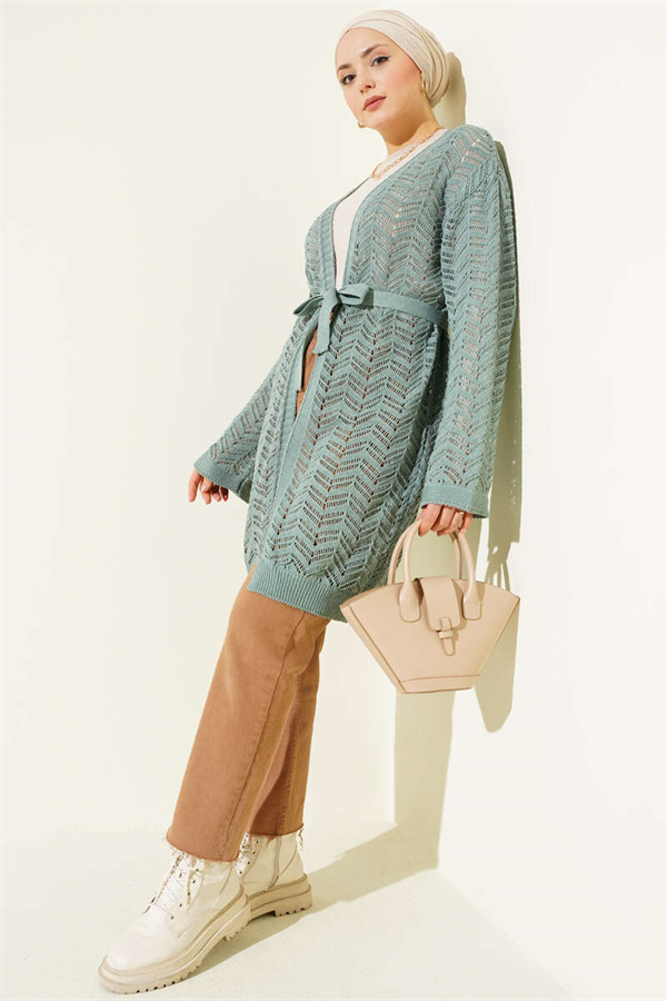 Zigzag Openwork Belted Knit Cardigan, Light Green